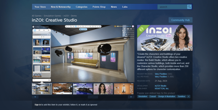 inZOI Creative Studio Steam Page