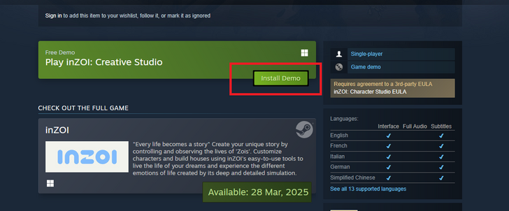 Install button on inZOI Creative Studio Demo
