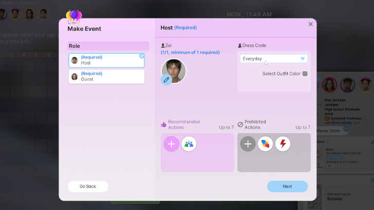 Select Guests, Dress Code, and Actions