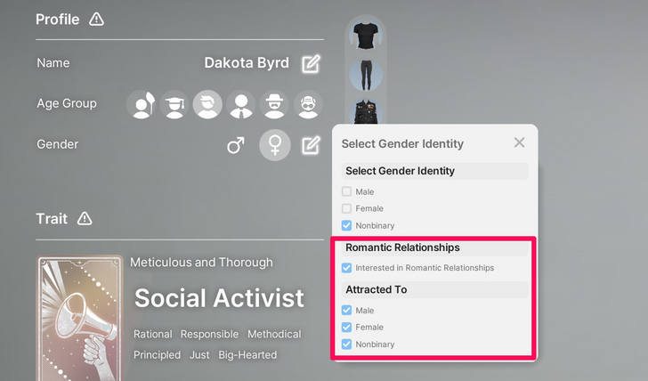 Character Creation Gender and Romantic Preferences