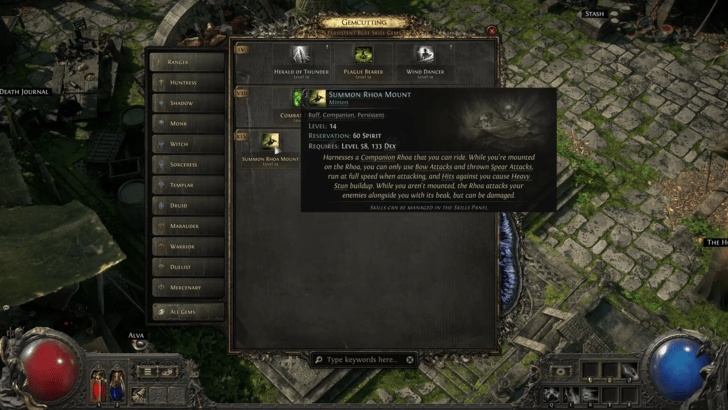 Path of Exile 2 - Summon Rhoa Mount Skill Gem Menu