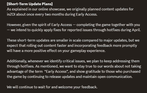 inZOI Short Term Update Plans