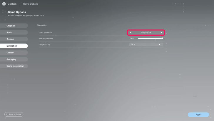 InZOI Outfit Simulation Settings