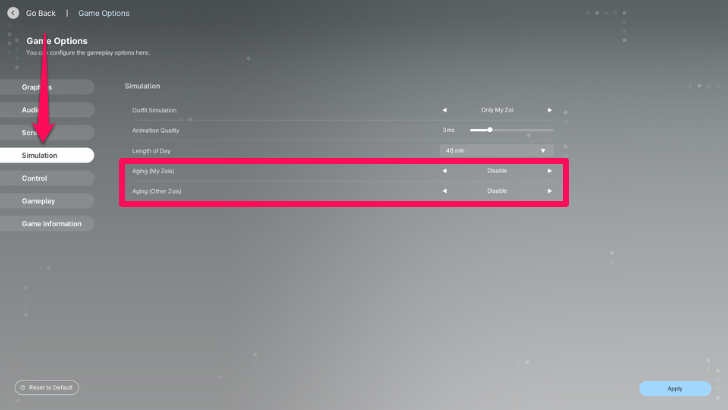 Disable Aging in Game Options