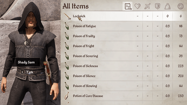 Shady Sam Merchant Inventory