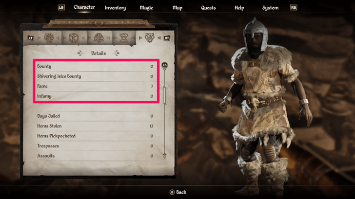 Character Details Bounty and Fame Stats