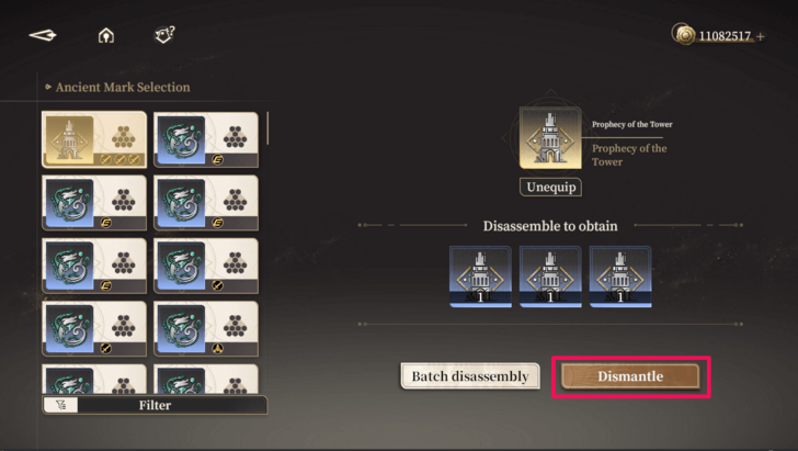 Selecting an Ancient Mark to disassemble