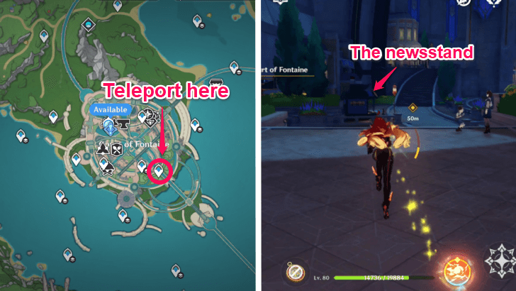 Genshin Impact - Go to the newsstand in the Court of Fontaine