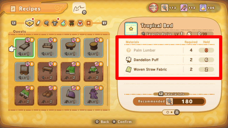 required crafting materials