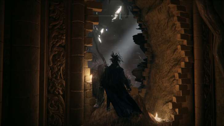 Go right and climb the branch into the hole in the wall