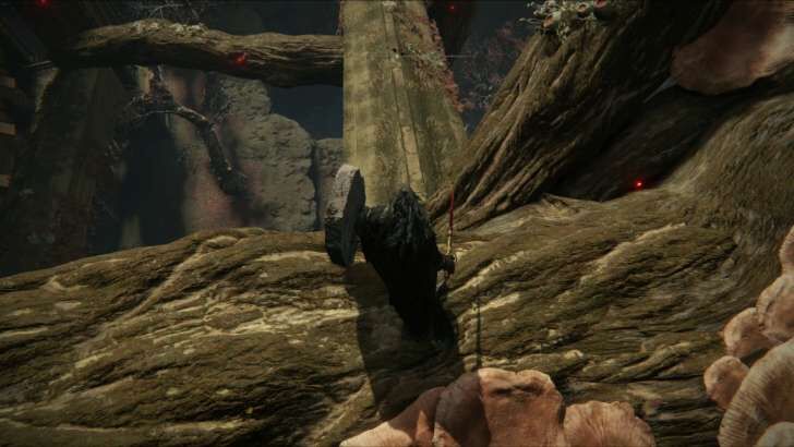 Jump on the beam after the branch that extends upwards