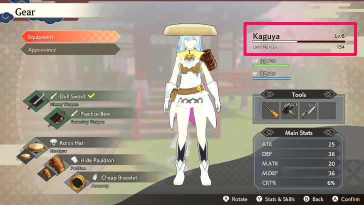 Level and Experince Points in Gear Menu