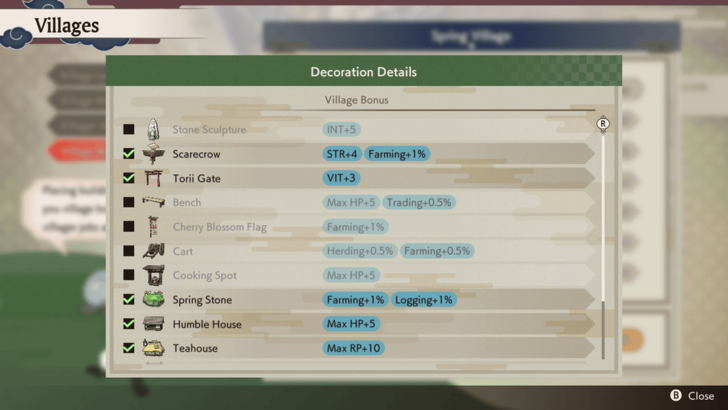 Decoration Details Screen for Spring Village