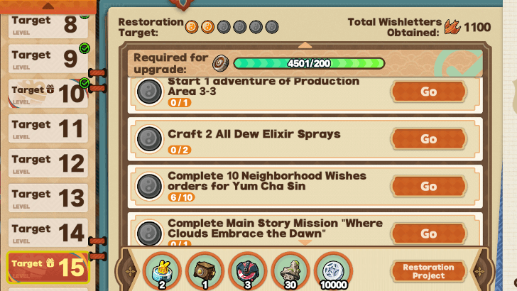 Increase Suibian Temple Restoration Lv. to 15