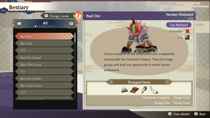 Beastiary Screen in Rune Factory Guardians of Azuma