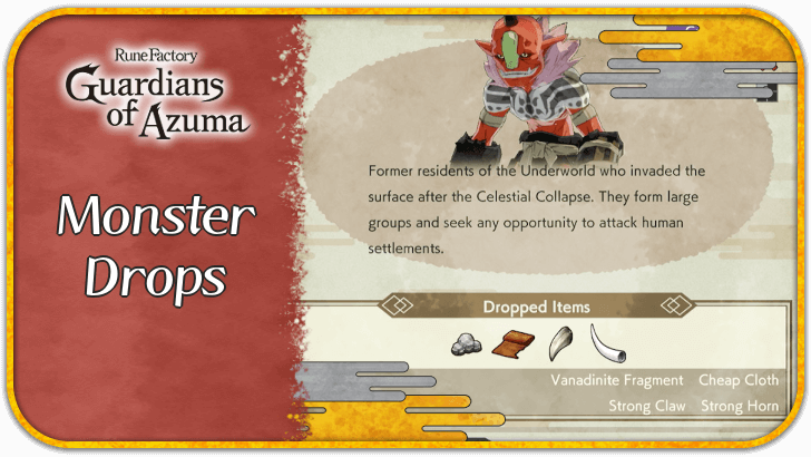Rune Factory Guardians of Azuma - List of All Monster Drops