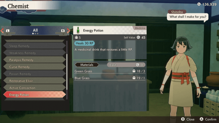 Chemist Menu in Rune Factory Guardians of Azuma.
