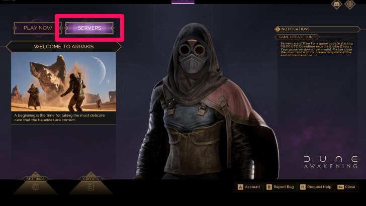 Servers Button in Log-in Screen