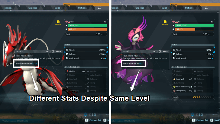 Different Stat Increases Per Pal