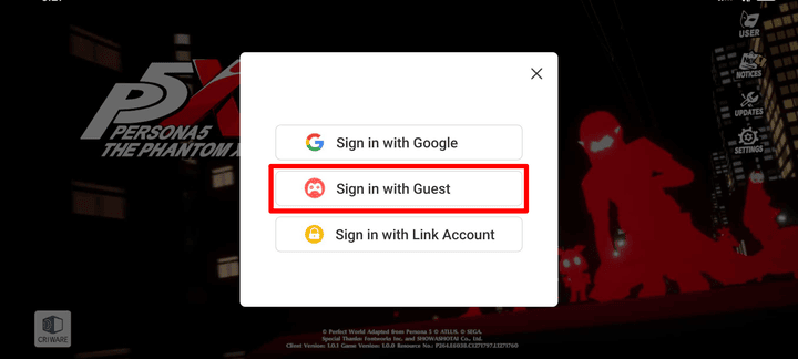 Persona 5 Phantom X - Log in as Guest