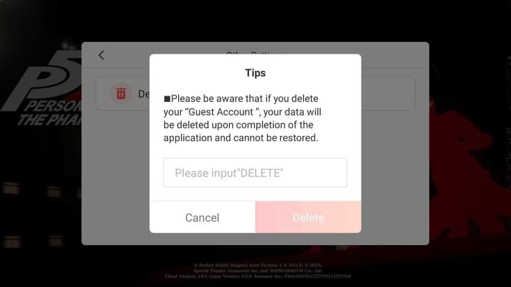 Persona 5 Phantom X - Delete Account