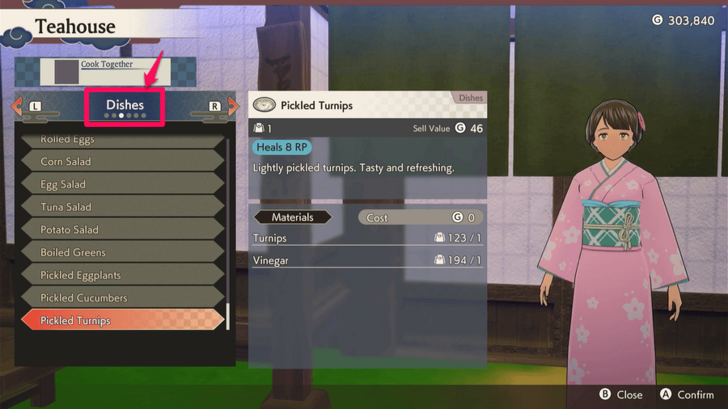 Dishes Category in the Cooking Menu