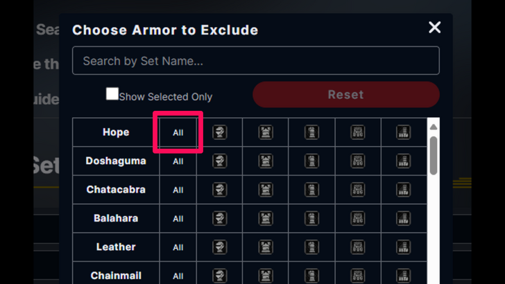 Armor Exclude Select All