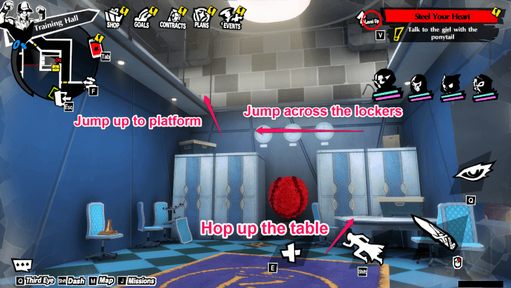 Hop Up the Table Jump Across The Lockers Jump Up the Platform Chests