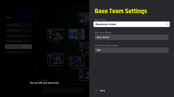 Base Team Settings Console