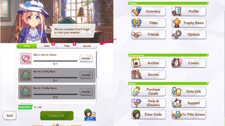 Click on the special tab