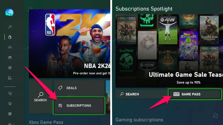 Select Subscriptions and Game Pass