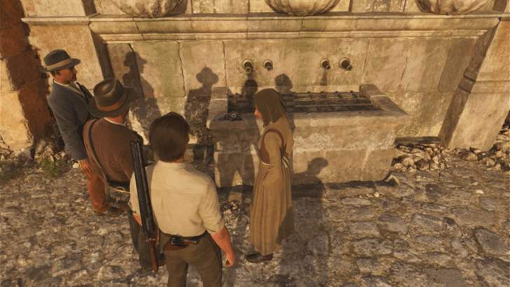 Trinacria 2 Found on a stone wall fountain in San Celeste where a group of people are talking. Overworld Location