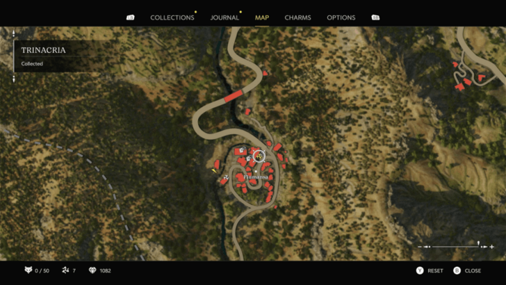 Trinacria 6 Found on a tipped-over blue box in the creek under a small bridge in Fiumansa. You can obtain it during the mission where you need to find the forger in Chapter 8. Map Location