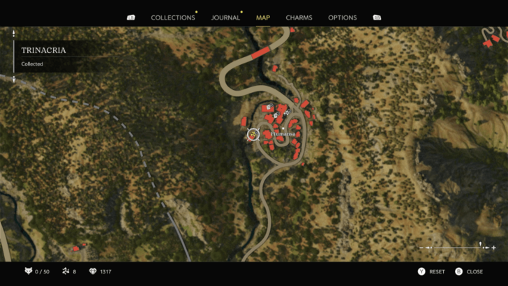 Trinacria 7 Found above the double-door of the house where Enzo finds one of his companions and two dead guards. After the cutscene, go back outside through the double-door, then shoot the Trinacria above it and collect it. Map Location