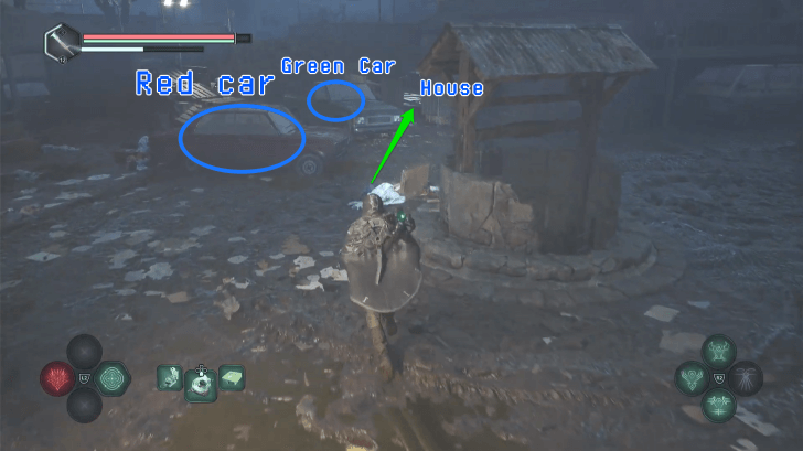 Find the well along with the red car and green car