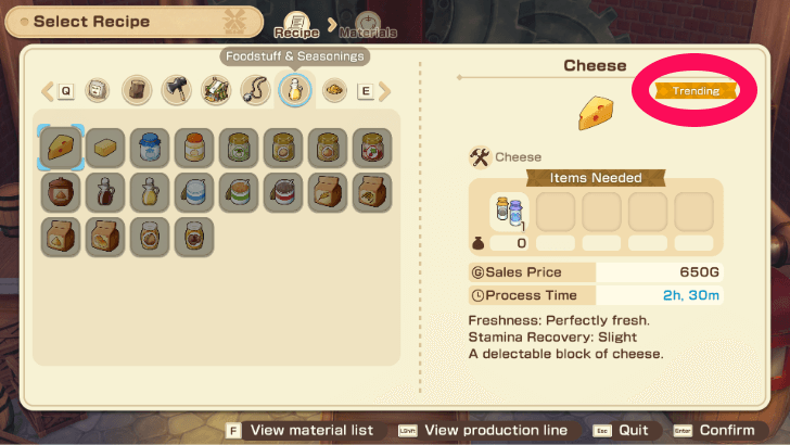 Story of Seasons Grand Bazaar - Crafting Menu