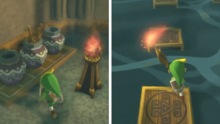 Light the Deku Stick then cross the boxes