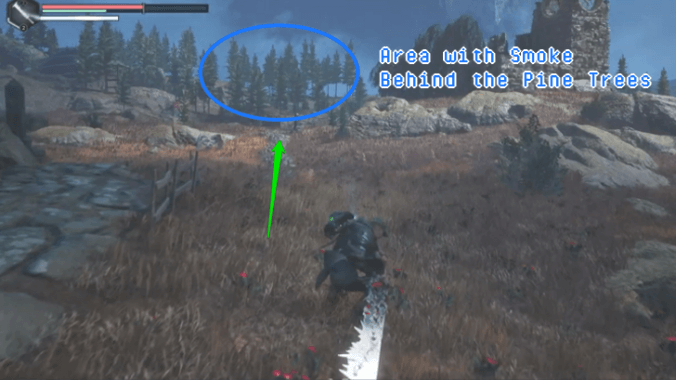 Hell is Us - Follow the area with smoke behind the pine trees