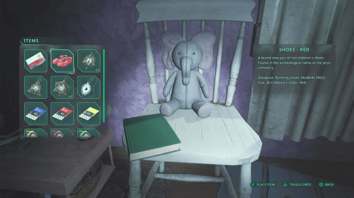 Hell is Us - Lay down the Shoes - Red on the chair with the elephant plushie