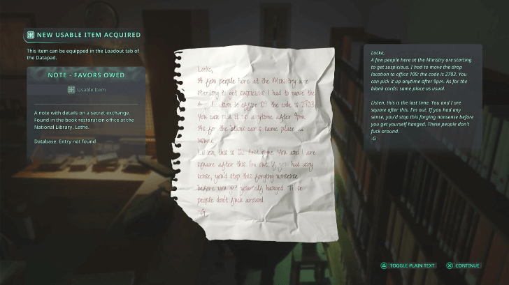 Hell is Us - Take the Note - Favors Owed on the table at the right side of the room