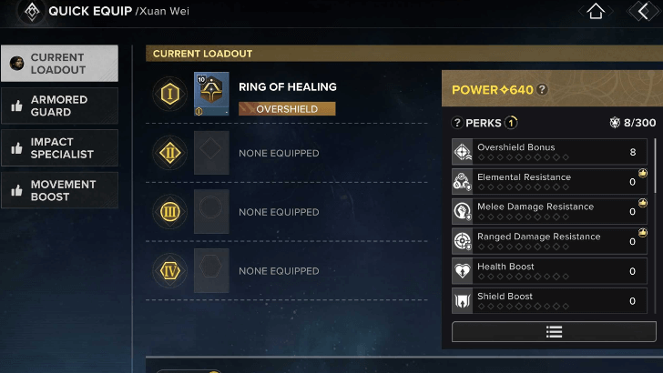 Artifact Loadout Screen