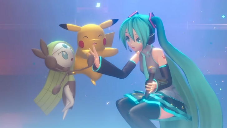 Pikachu, Hatsune Miku, and Meloetta high-five, blue stage