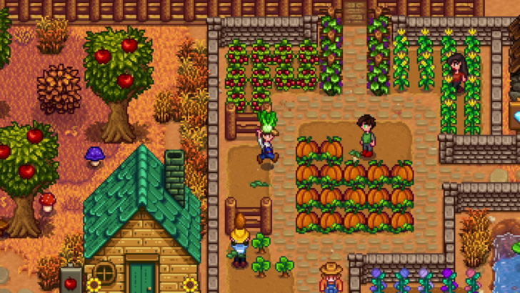 Image shows a four-player session of Stardew Valley where players are managing their farm