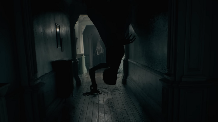 Giant female figure descends from hallway ceiling in Resident Evil 9