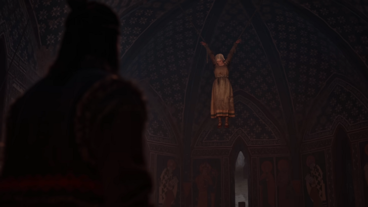 Blood of Dawnwalker protagonist Coen looks on as a woman is left for dead, strung up in a cathedral