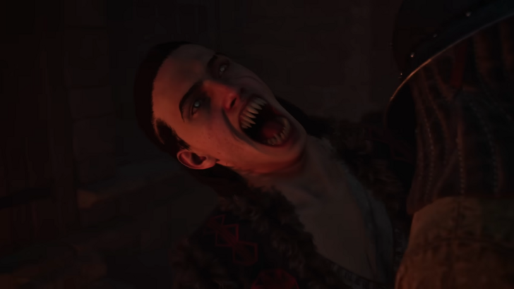 Coen, transformed into a vampire, opens his mouth wide, preparing to sink his long, sharp fangs into his prey