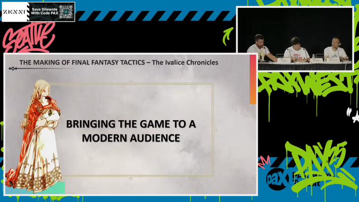 An image of the PAX West 2025 panel recording, showing a multimedia presentation on the bottom left, and three panelists on the upper right