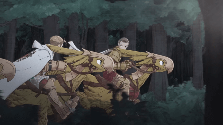 Two Final Fantasy Tactics characters dressed as knights from the Order of the Southern Sky communicate while riding astride running Chocobos