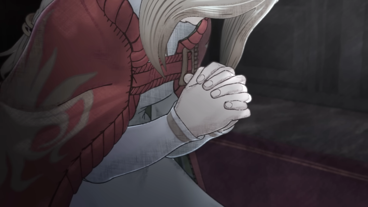 A faceless young woman from Final Fantasy Tactics with her hands clasped in prayer