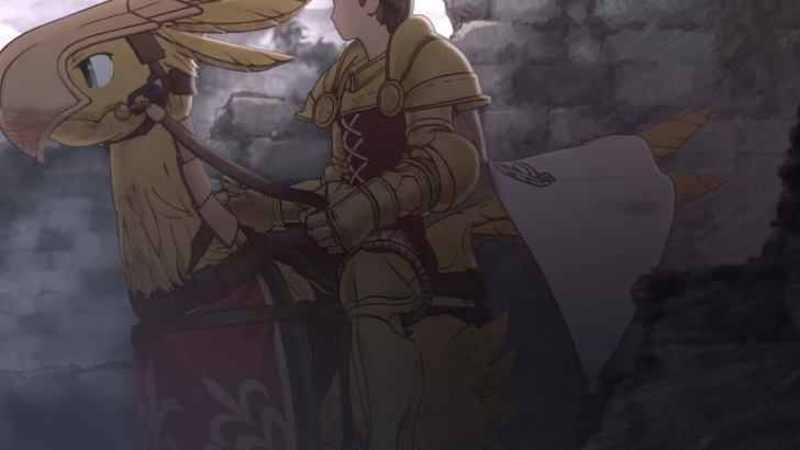 A faceless armored young man from Final Fantasy Tactics sits on a Chocobo amid ruins